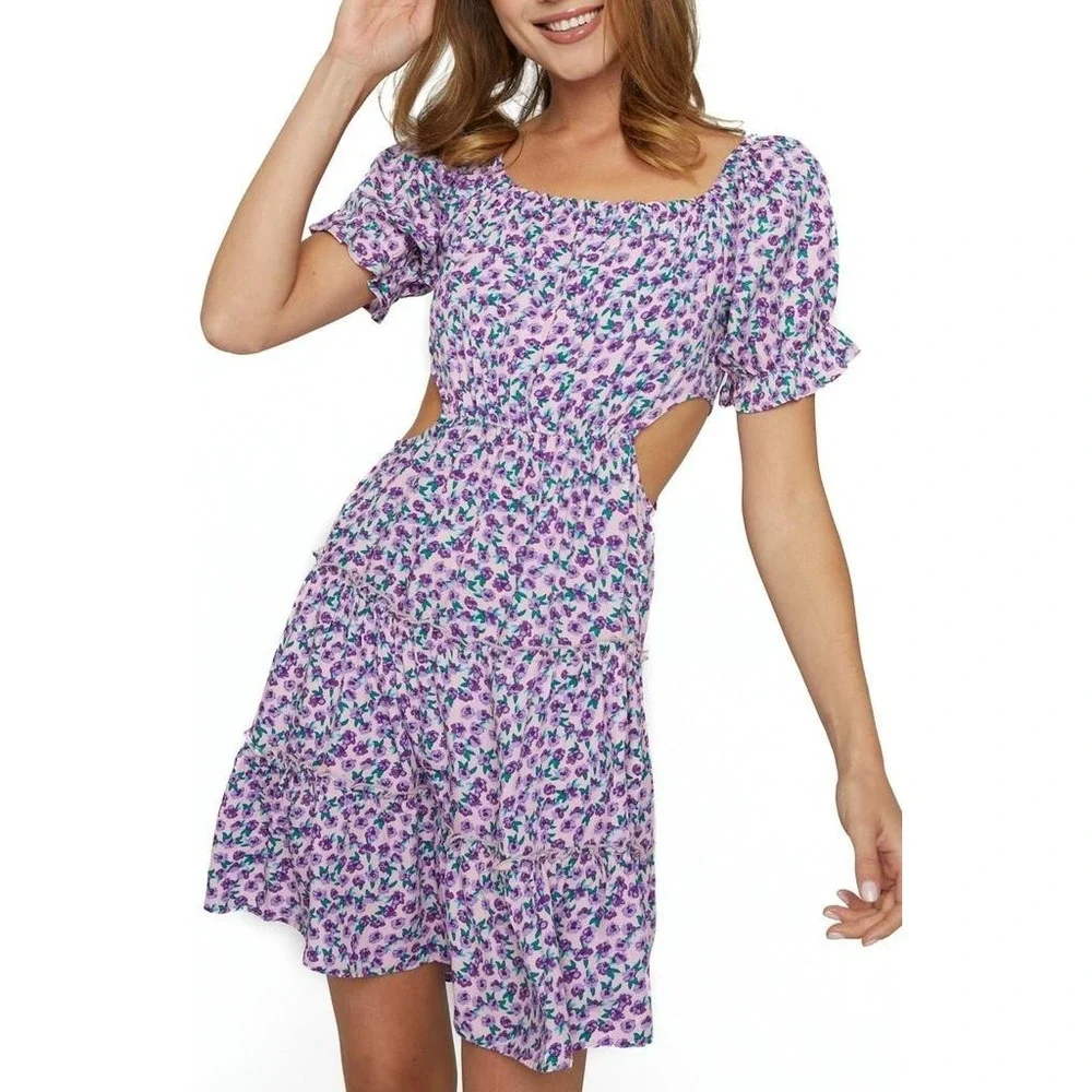 NWT Know One Cares Women's Scoop Neck Floral Print Cutout Tiered Dress Sz S - Picture 2 of 7